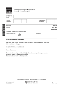 Cambridge Primary Checkpoint - Science (0846) April 2017 Paper 1 QP