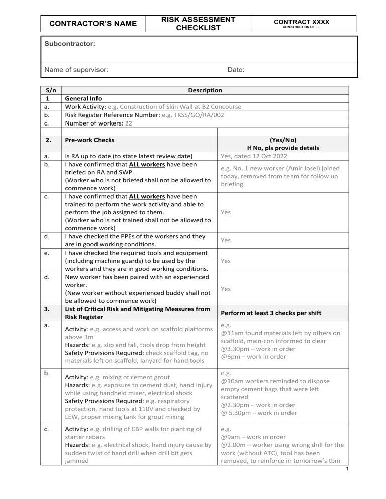 Risk Assessment Checklist Sample