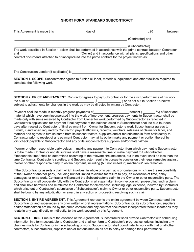 short-form-subcontract-agreement