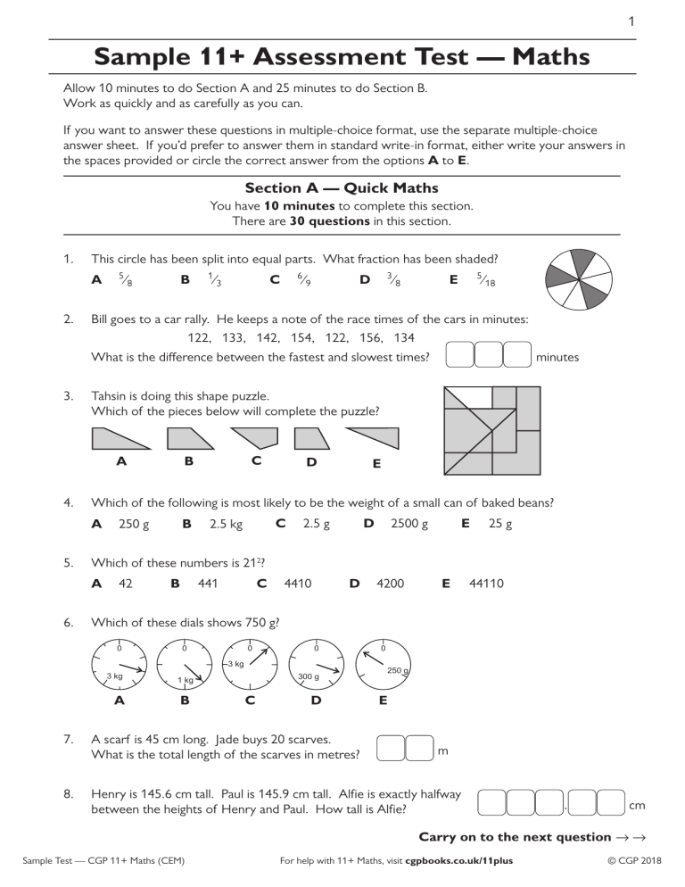 11 Maths Sample Assessment Test