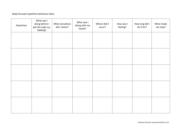 Habit Reversal Training Printable Worksheets