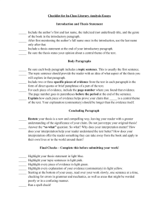 Checklist for In-Class Literary Analysis
