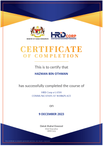 HRD Corp Communication at Workplace Certificate - Hazwan Bin Othman