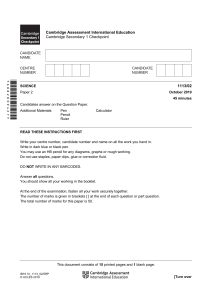 Cambridge Secondary Checkpoint - Science (1113) October 2019 Paper 2