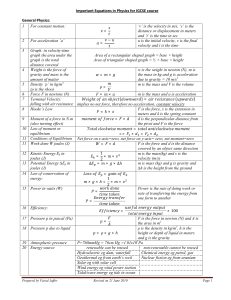 Important Equations in Physics for IGCSE course