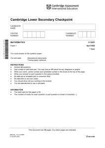 Cambridge Lower Secondary Checkpoint Mathematics Exam Paper