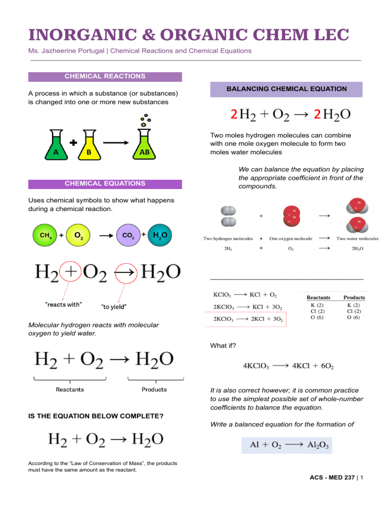 Chemical Reactions and Chemical Equations