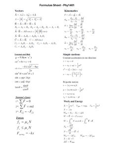 Formulae Sheet - Chapters 1 to 6