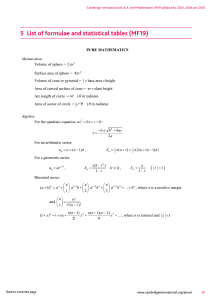 Formula Sheet - Mathematics