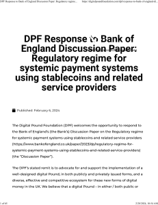 DPF Response to Bank of England Discussion Paper  Regulatory regime for systemic payment systems using stablecoins and related service providers - Digital Pound Foundation