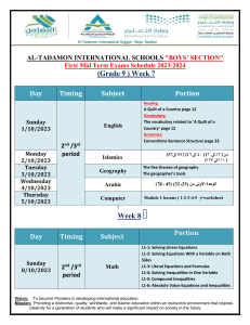 First Mid Term Exams Schedule - portions - Grade 9 -   2023-2024
