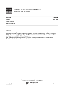 Cambridge Primary Checkpoint - Science (0846) April 2019 Paper 1-MS