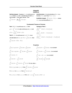 Calculus Integrals Cheat Sheet