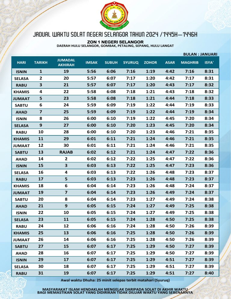 Selangor Prayer Times 2024 Zone 1 Schedule Selangor Prayer Times 2024 Zone 1 Schedule