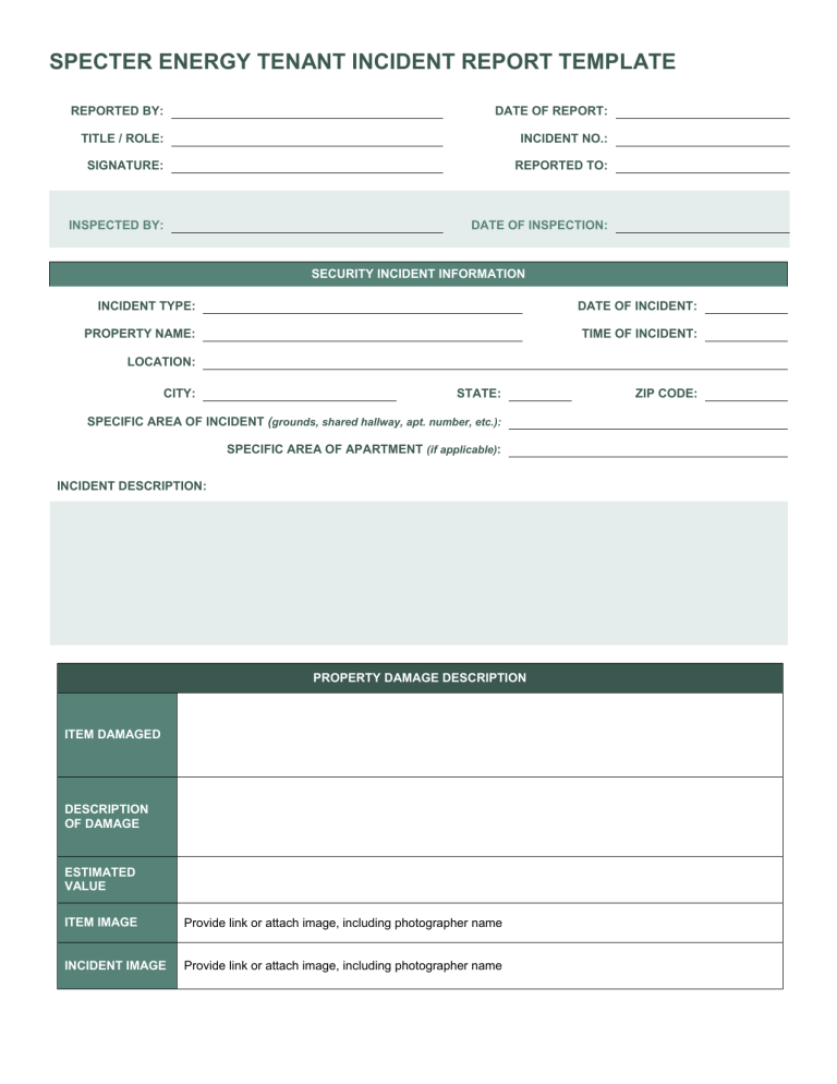 SPECTER ENERGY TENANT INCIDENT REPORT TEMPLATE