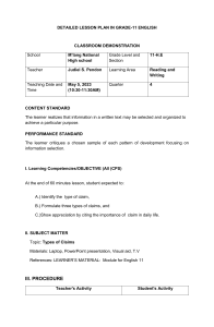 Grade 11 English Lesson Plan: Types of Claims