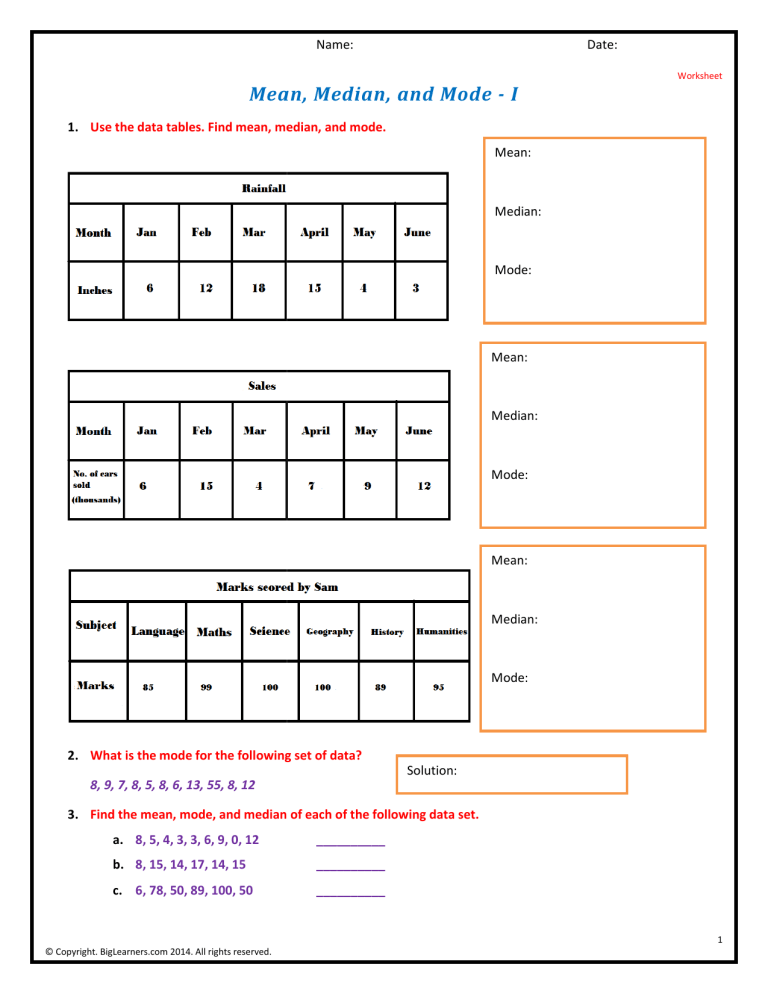 Mean, Median, Mode Worksheet