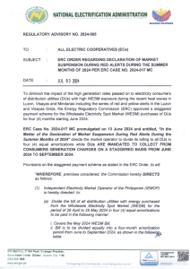 Regulatory Advisory No. 2024-005 - ERC Order Regarding Declaration of Market Suspension During Red Alerts During the Summer Months of 2024 Per ERC Case No. 2024-017 MC