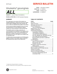 GE Waukesha Lube Oil Recommendations Service Bulletin