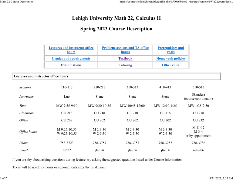 Lehigh Math 22 Calculus II Course Description