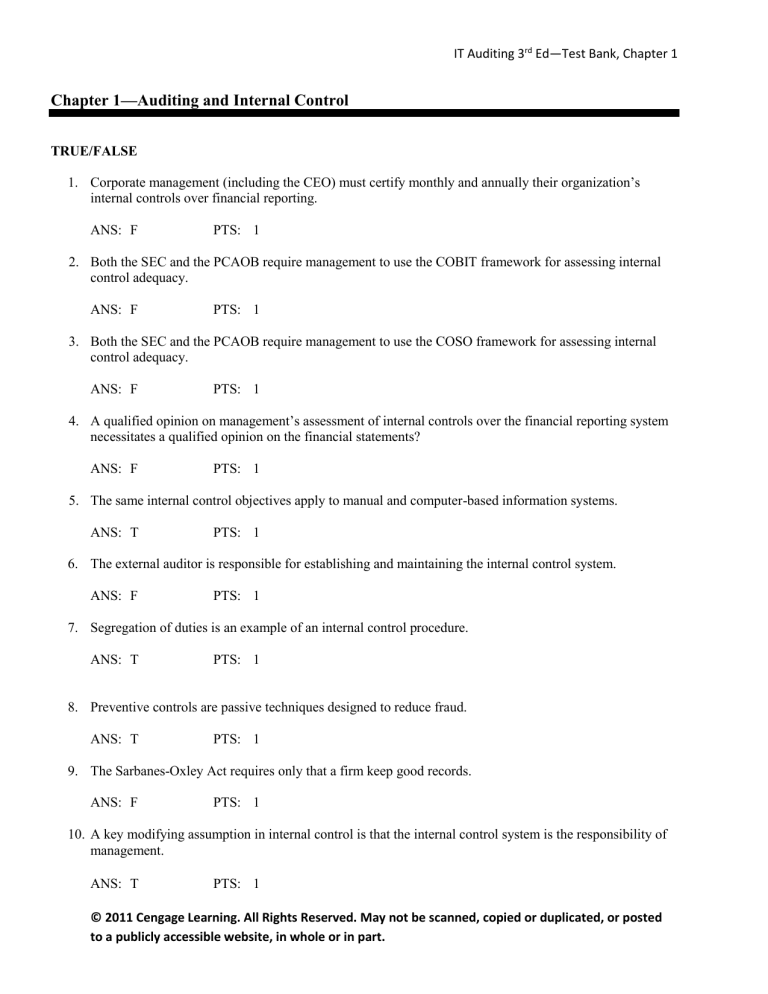 IT Auditing Test Bank: Chapter 1 - Internal Control
