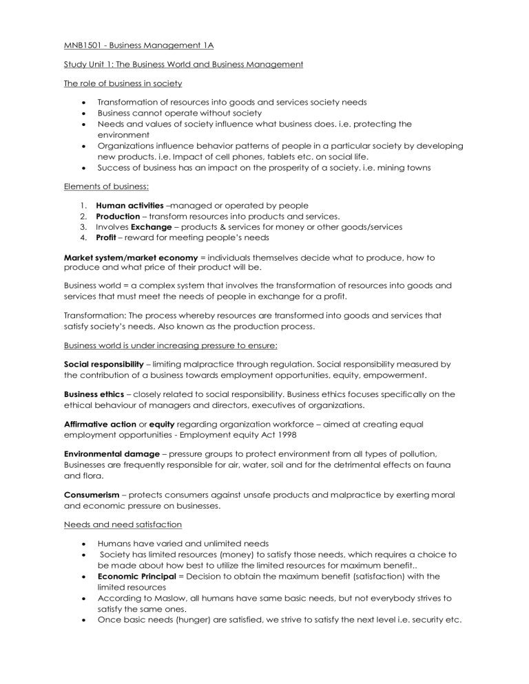 Business management 1a chapter 1 10 summary notes 2019 business-management-1a-chapter-1-10-summary-notes-2019