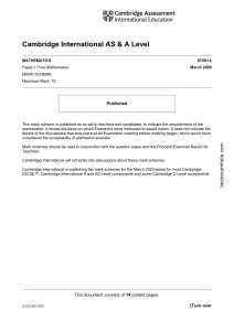 Cambridge AS & A Level Mathematics Mark Scheme 9709/12