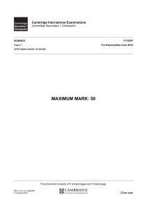 Cambridge Secondary 1 Science Specimen Mark Scheme