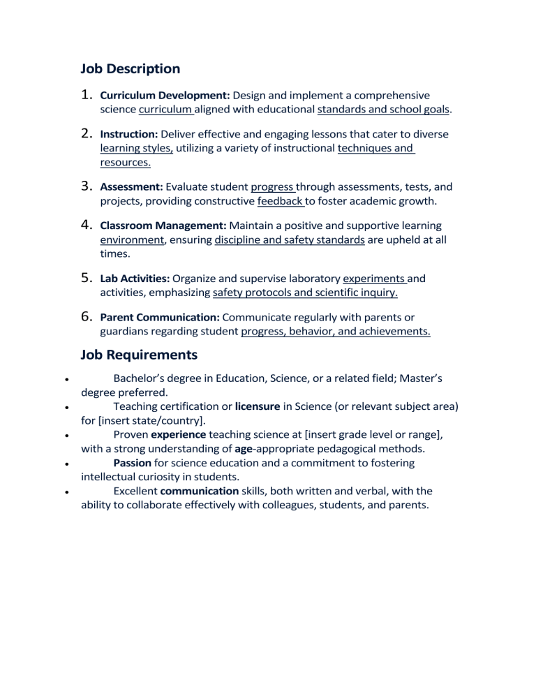 Science Teacher Job Description