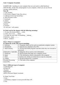 Computer Essentials Worksheet: Hardware, Software, Types