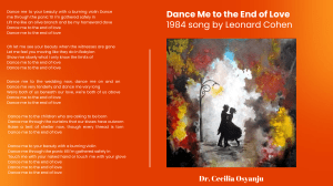 Dance Me to the End of Love 1984 song Leonard Cohen  - Analysis Compiled by Dr. Cecilia 