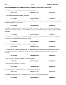 Symbiosis Worksheet: Mutualism, Commensalism, Parasitism