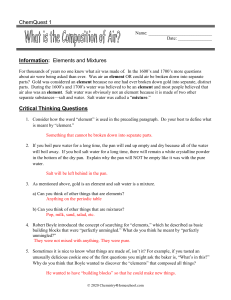 Air Composition Worksheet: Elements, Mixtures, Lavoisier