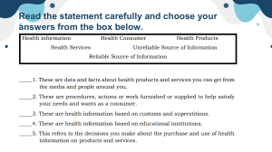 Consumer Health Worksheet: Info, Products, Services