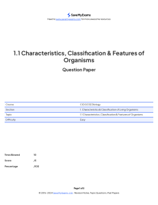 IGCSE Biology Question Paper: Organism Characteristics