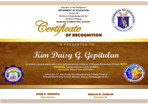 Certificate of Recognition for Kim Daisy G. Gepitulan