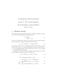 Nernst Equation Lecture Notes: Equilibrium Thermodynamics