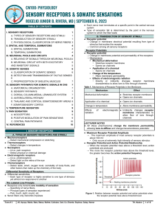 Sensory Receptors & Somatic Sensations Lecture Notes