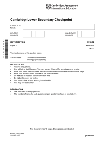 Cambridge Secondary Checkpoint - Mathematics (1112) April 2020 Paper 2 Question