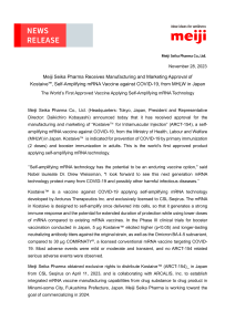 Meiji Seika Pharma Receives Manufacturing and Marketing Approval of Kostaive, Self-Amplifying mRNA Vaccine against COVID-19, form MHLW in Japan (28 Nov 2023)