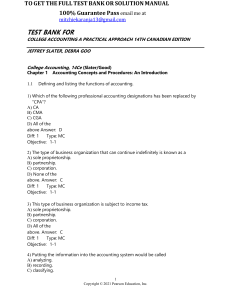 TEST BANK For College Accounting, A Practical Approach 14th Canadian Edition, By Jeffrey Slater, Debra Good  Verified Chapter's 1 - 13 100% Guarantee Pass