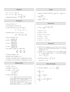 Math Formulas Reference Sheet: Algebra, Limits, Geometry