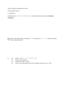 Remainder Theorem Worksheet for Grade 11 HL