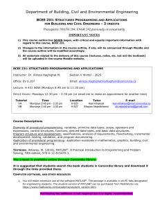 BCEE 231 Course Outline: Structured Programming for Engineers