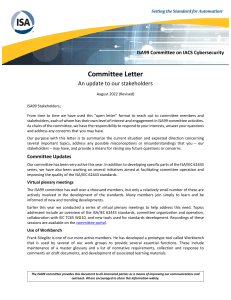 ISA99 Committee Letter: Cybersecurity Updates