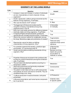 Diversity of Living World Biology Worksheet