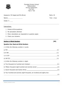 Grade 5 Math Test: Whole Numbers & Number Sentences