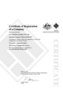 Company Registration Certificate: LUCKYMINTS GLOBAL PTY LTD