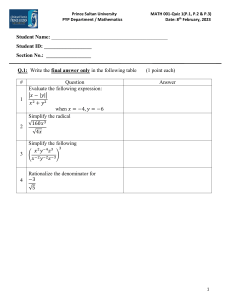 MATH 001 Quiz: Algebra & Radicals