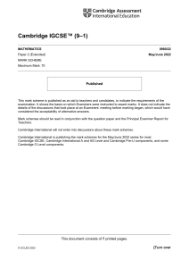 Cambridge IGCSE Math 0980/22 Mark Scheme May/June 2022